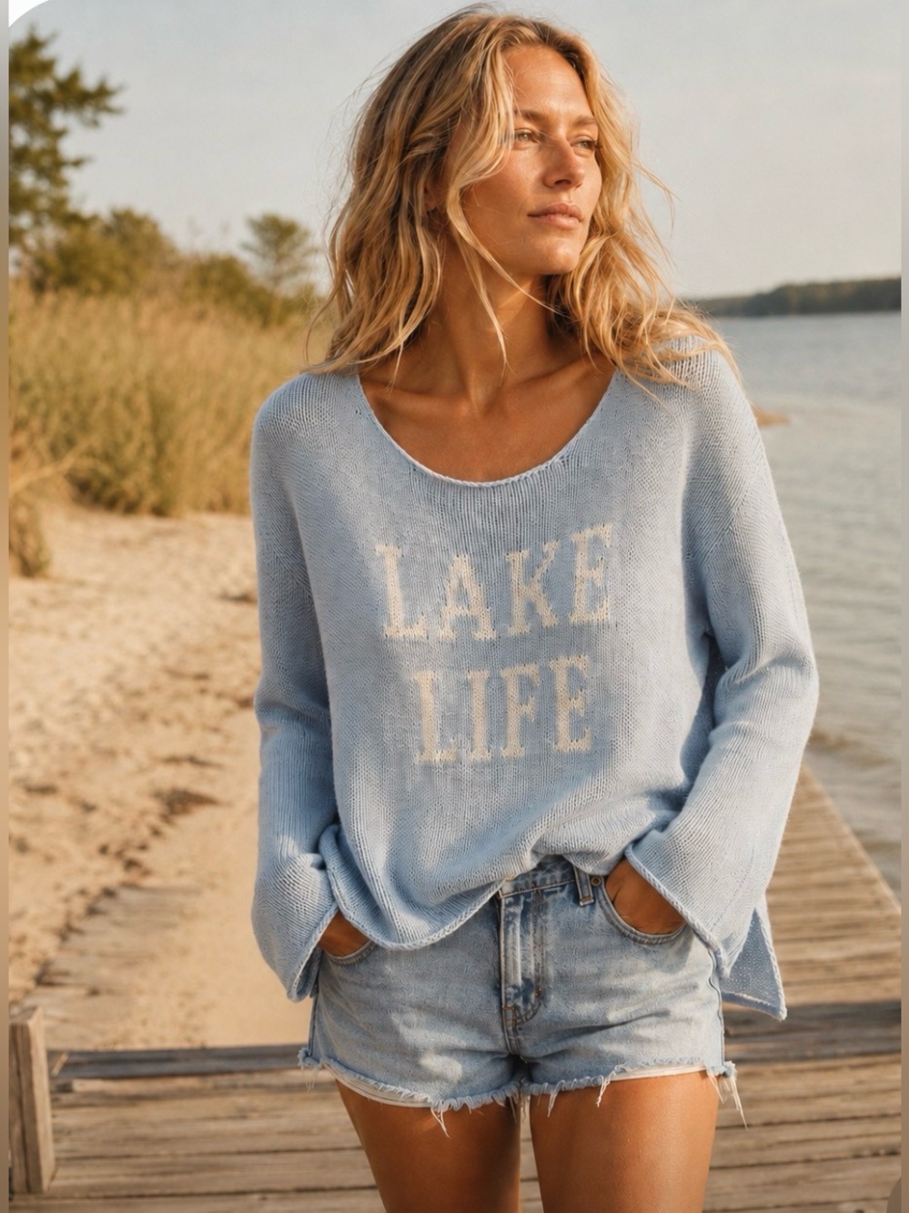 Coastal Lake Life Blue Cotton Knit Sweater, Size Small